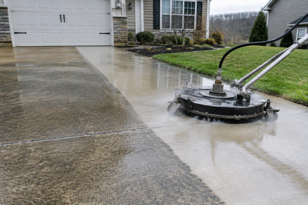 Illustrative image of a concrete driveway being power washed